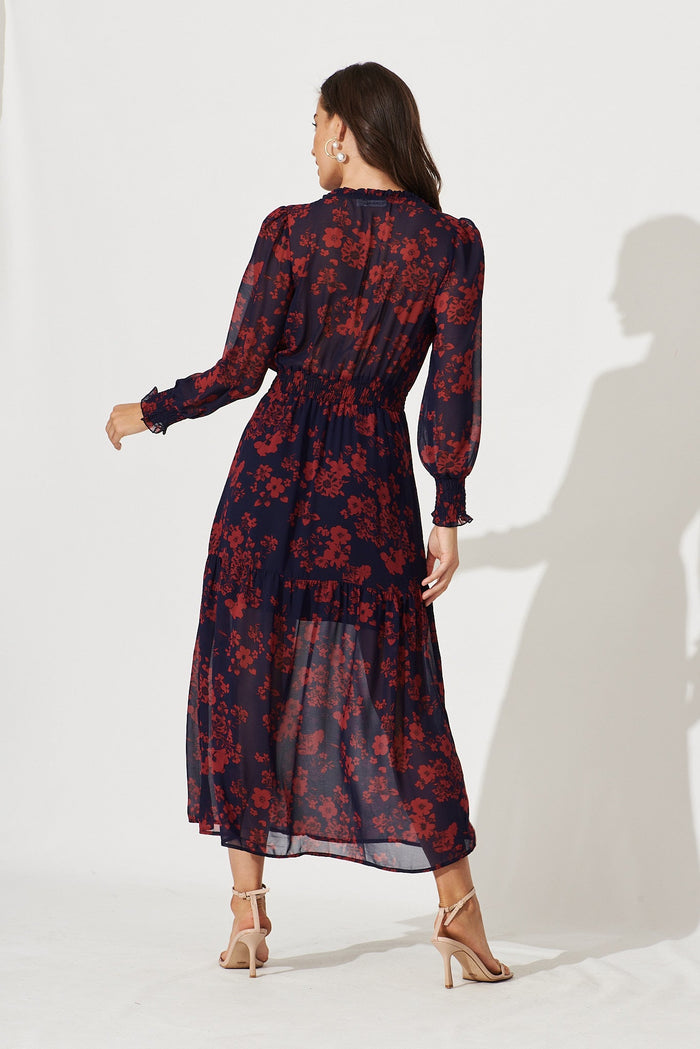 Hamilton Maxi Dress In Navy With Burgundy Floral Chiffon - back
