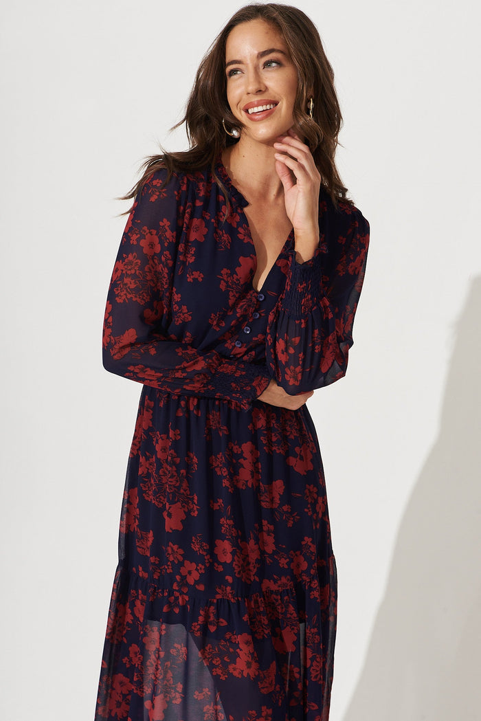Hamilton Maxi Dress In Navy With Burgundy Floral Chiffon - front