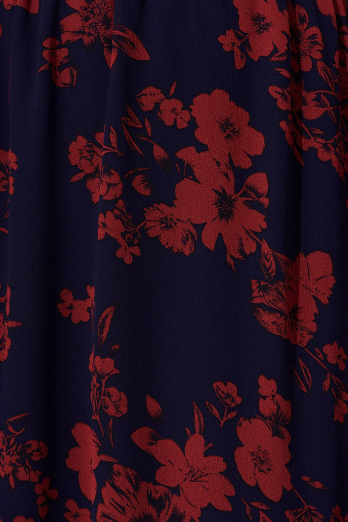 Hamilton Maxi Dress In Navy With Burgundy Floral Chiffon - fabric