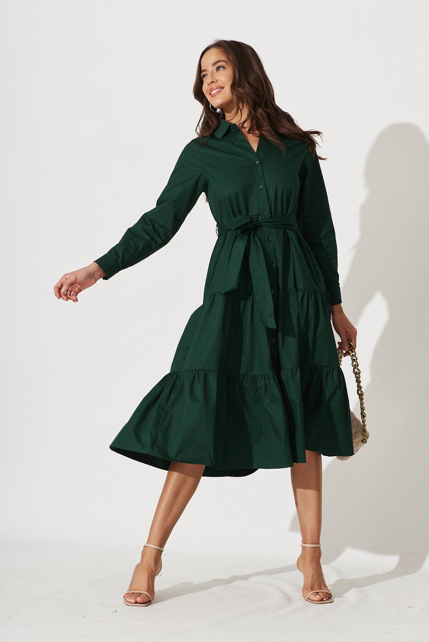 Lille Midi Shirt Dress In Emerald Cotton - full length