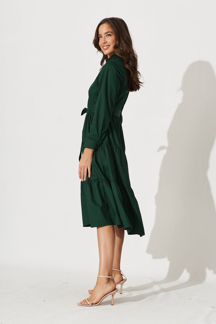 Lille Midi Shirt Dress In Emerald Cotton - side