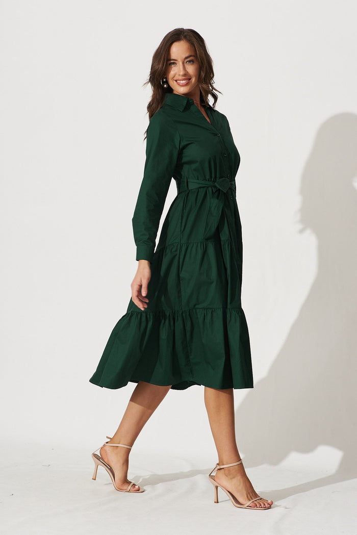 Lille Midi Shirt Dress In Emerald Cotton - side