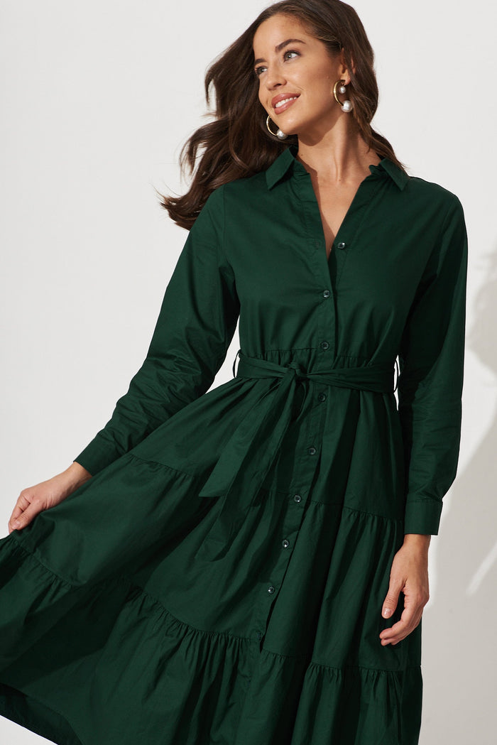 Lille Midi Shirt Dress In Emerald Cotton - front