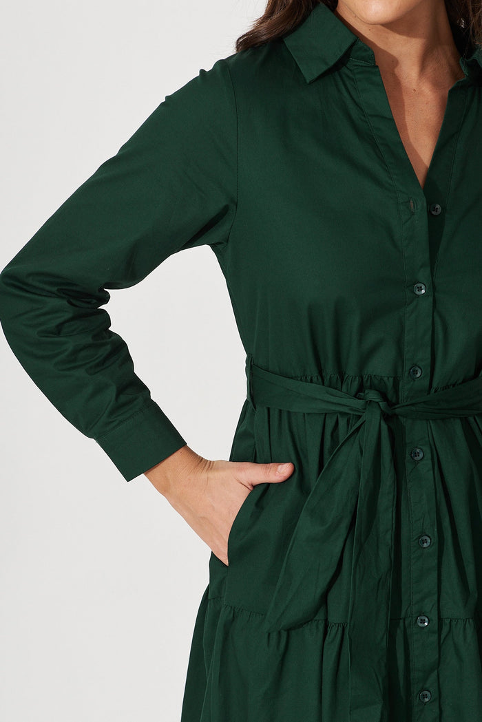 Lille Midi Shirt Dress In Emerald Cotton - detail