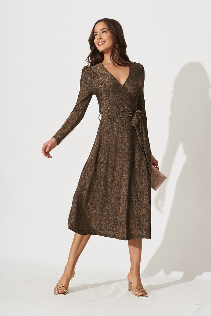 Avignon Midi Dress In Gold Lurex - full length