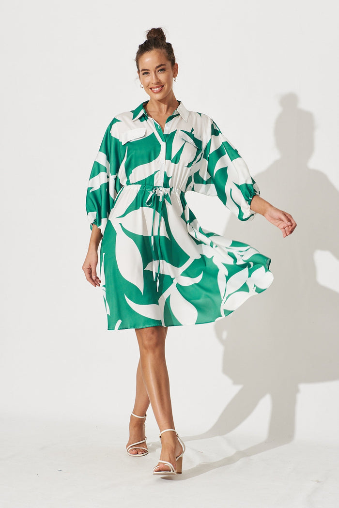 Greenwich Shirt Dress In Green With White Leaf Print - full length
