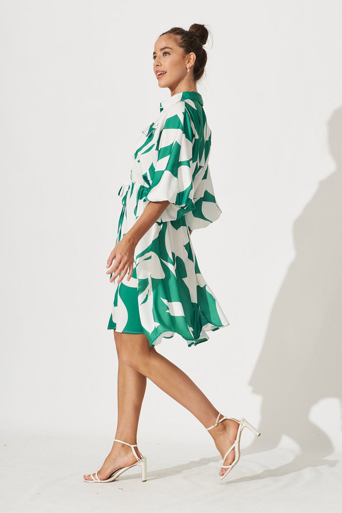 Greenwich Shirt Dress In Green With White Leaf Print - side