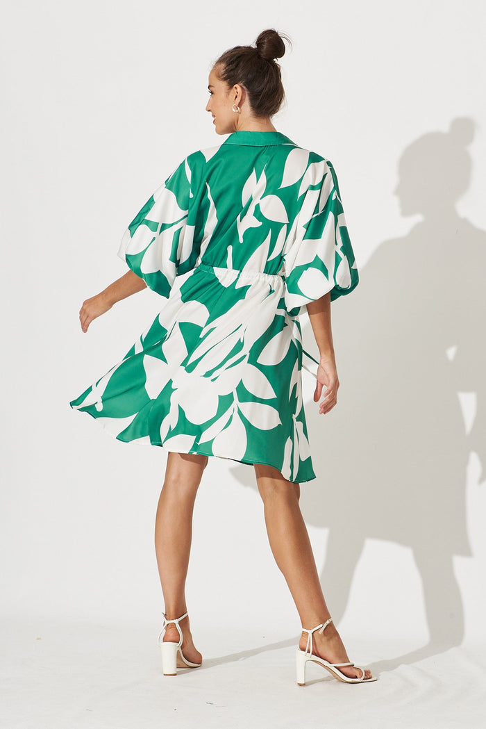 Greenwich Shirt Dress In Green With White Leaf Print - back