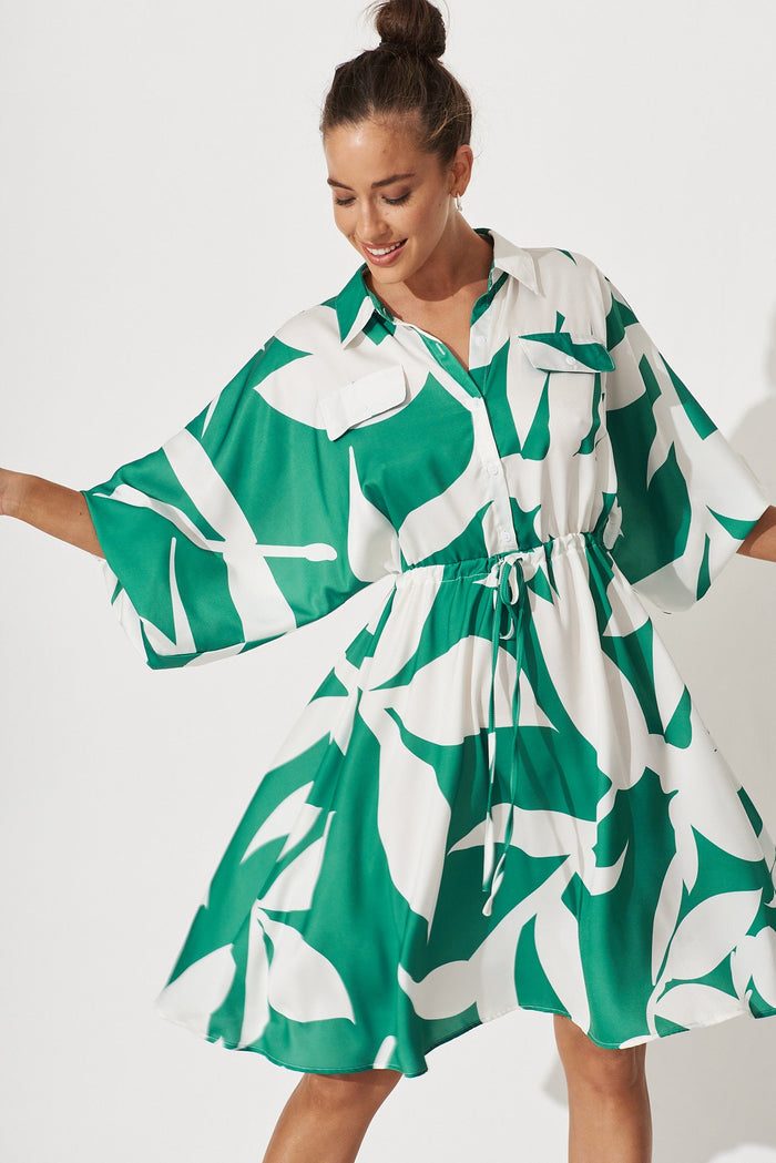 Greenwich Shirt Dress In Green With White Leaf Print - front
