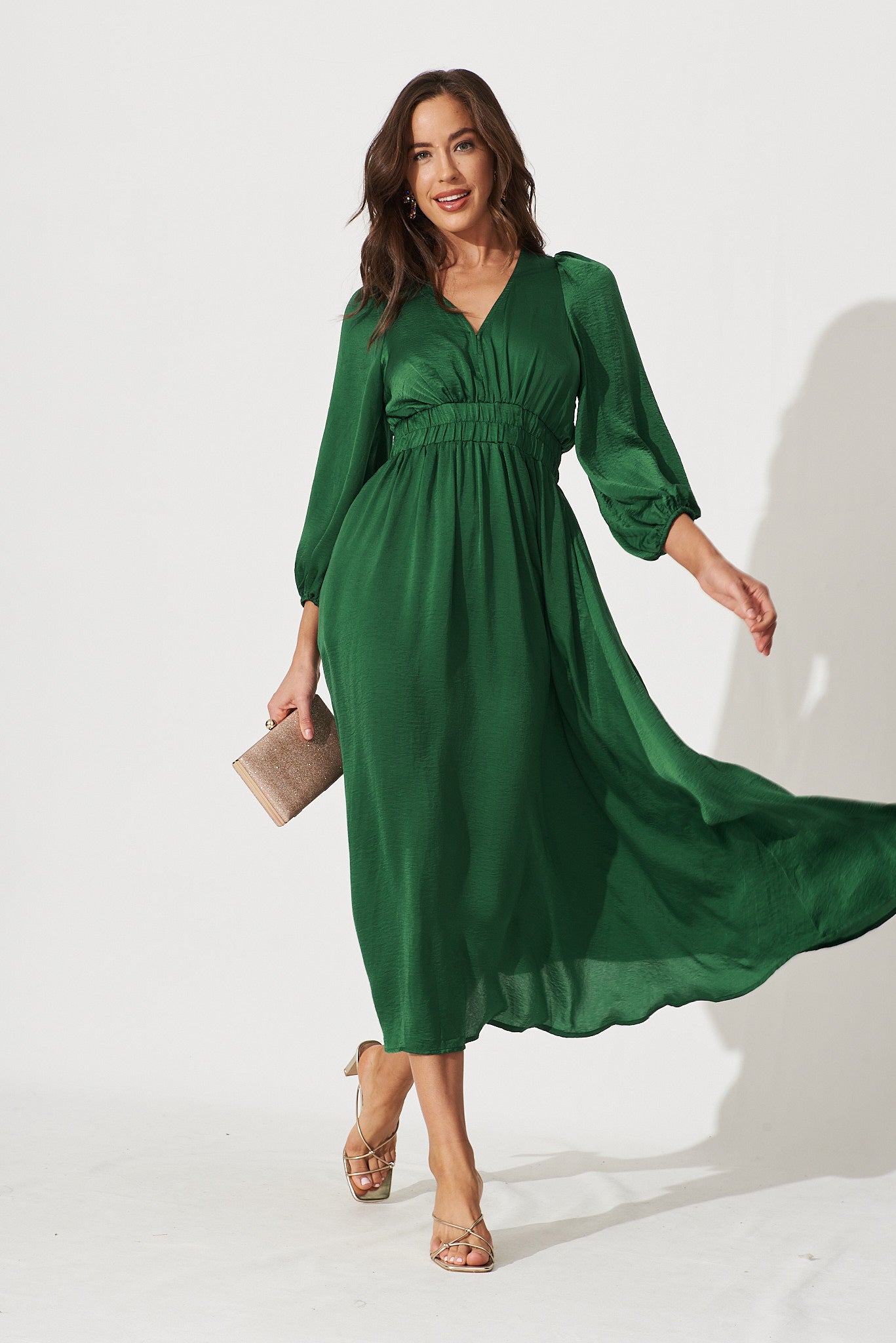 Magnetic Maxi Dress In Emerald Satin - full length