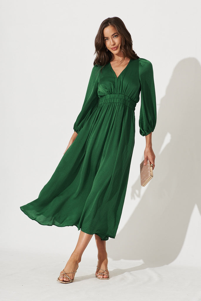 Magnetic Maxi Dress In Emerald Satin - full length