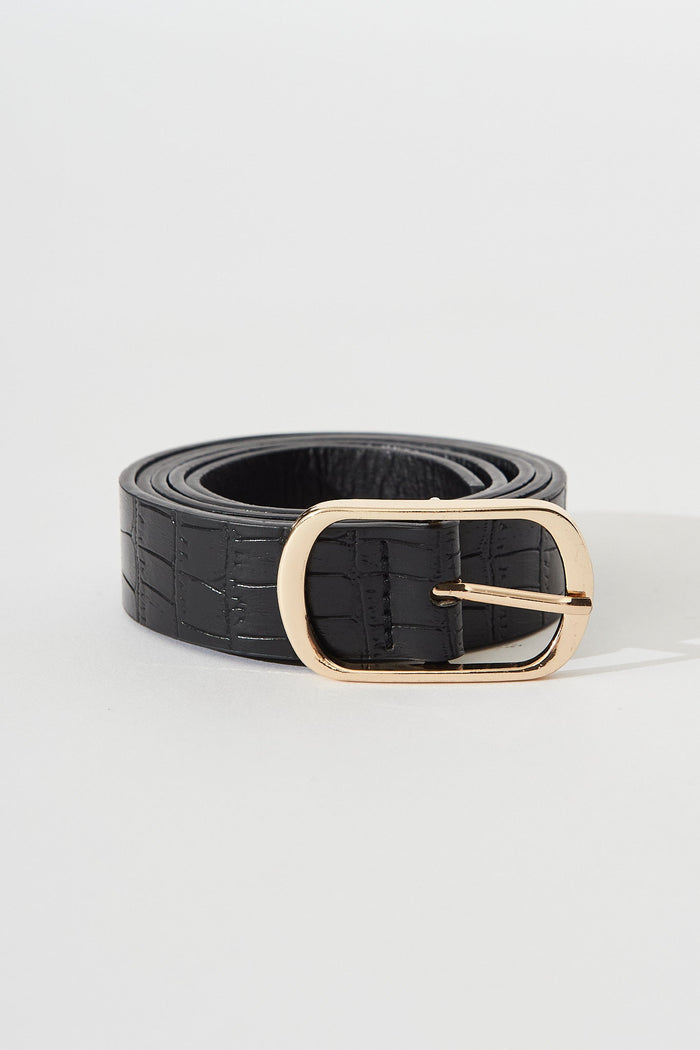 August + Delilah Petra Belt In Black Croc With Gold Buckle - front