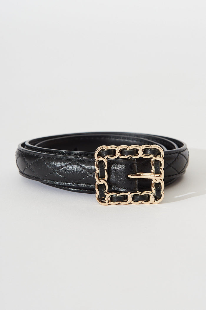 August + Delilah Penny Belt In Black With Gold Buckle - front