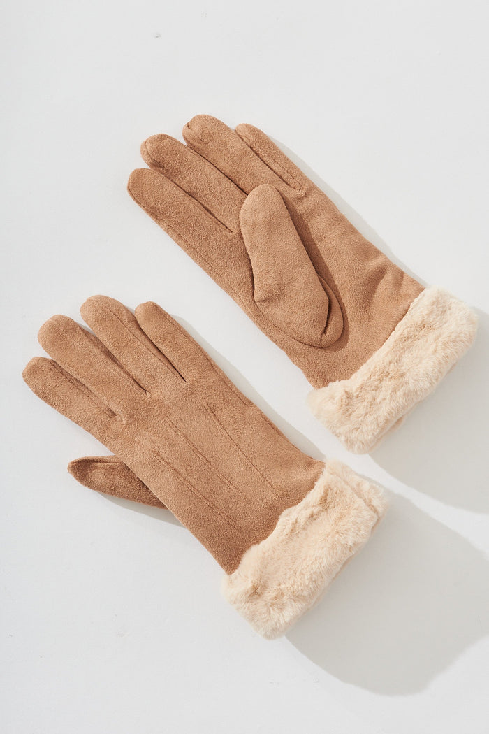 August + Delilah Poly Gloves In Light Brown Suedette - flatlay