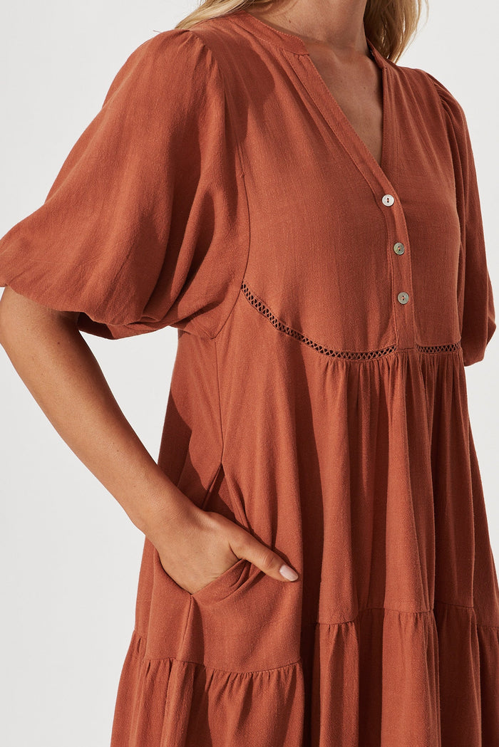 Nantes Midi Smock Dress In Rust Linen Blend - detail