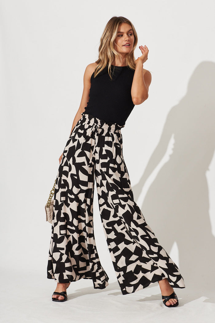 Mariah Pant In Black And Sand Geometric Print - full length