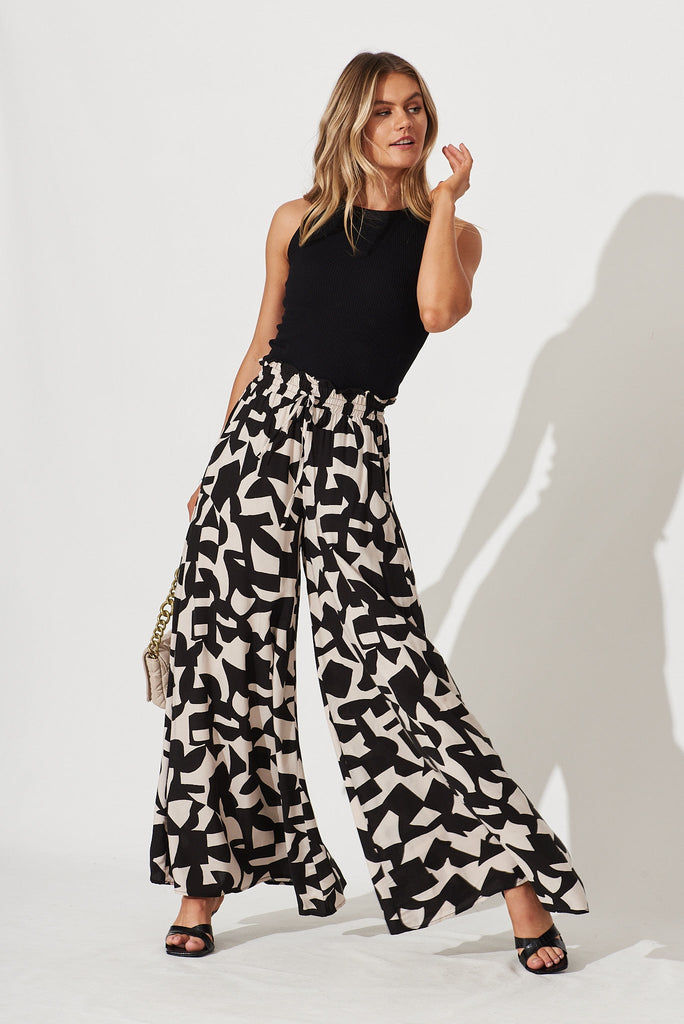 Mariah Pant In Black And Sand Geometric Print - full length