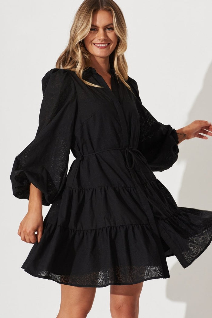 Cersei Shirt Dress In Black Burnout Floral Cotton Blend - St Frock (Dev)