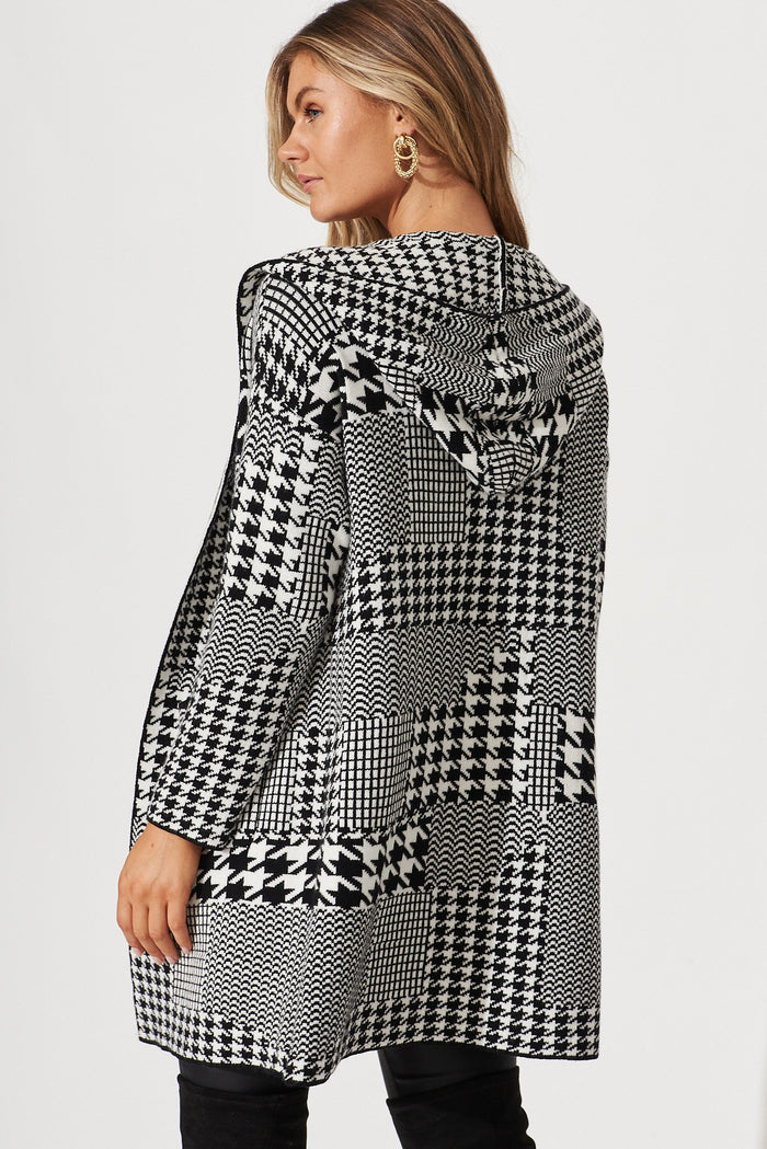Maulden Knit Hood Cardigan In Black Houndstooth Wool Blend - back