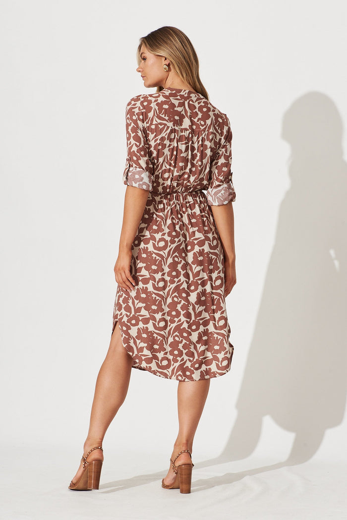 Rival Zip Dress In Brown With Beige Floral - back