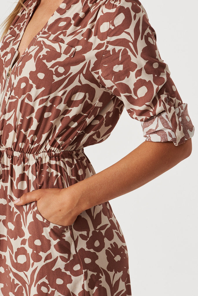 Rival Zip Dress In Brown With Beige Floral - detail