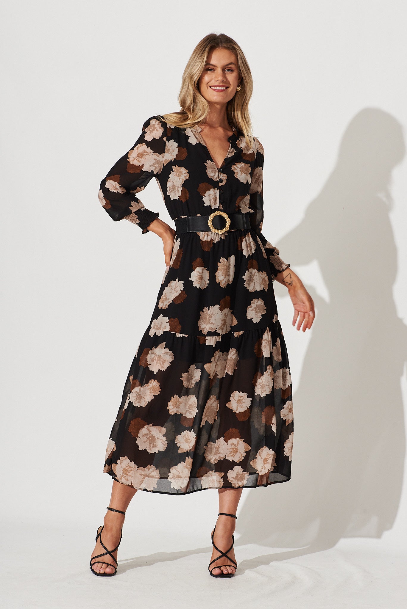 Hamilton Maxi Dress In Black With Brown Floral Chiffon - full length