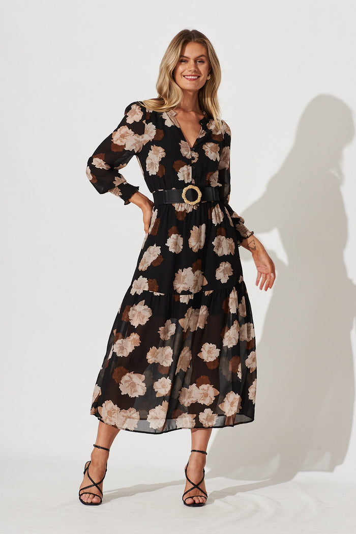 Hamilton Maxi Dress In Black With Brown Floral Chiffon - full length