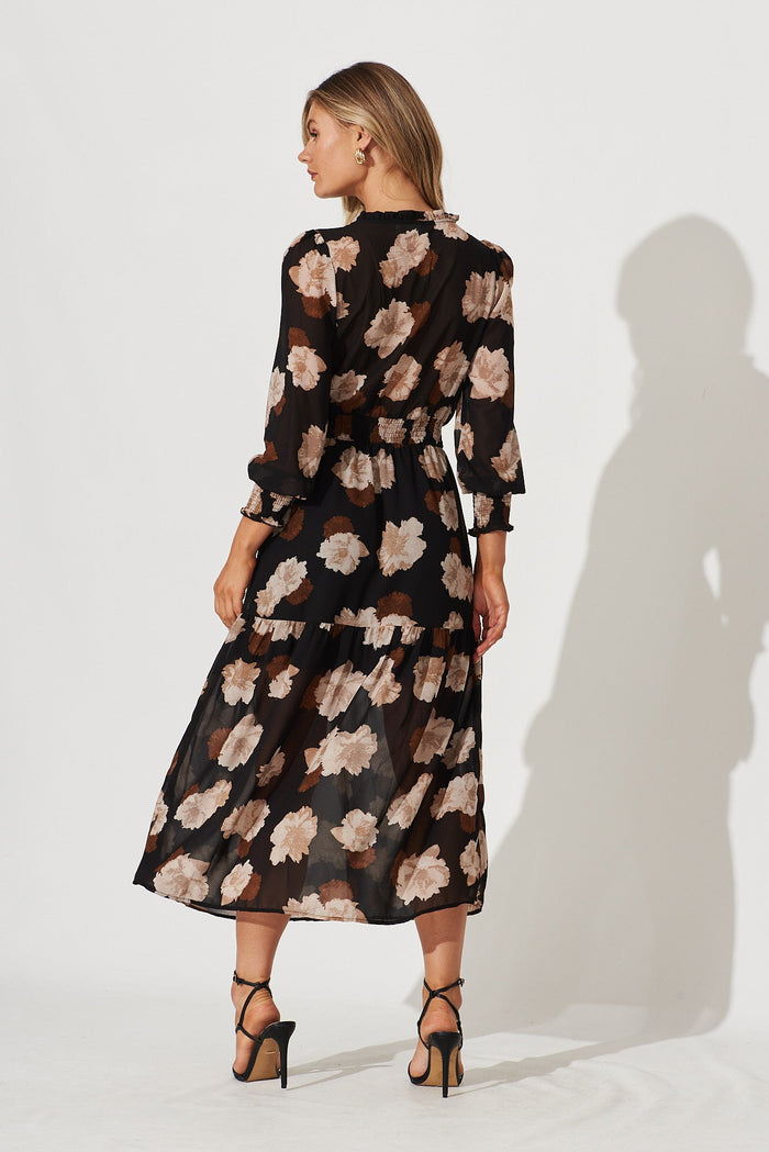 Hamilton Maxi Dress In Black With Brown Floral Chiffon - back