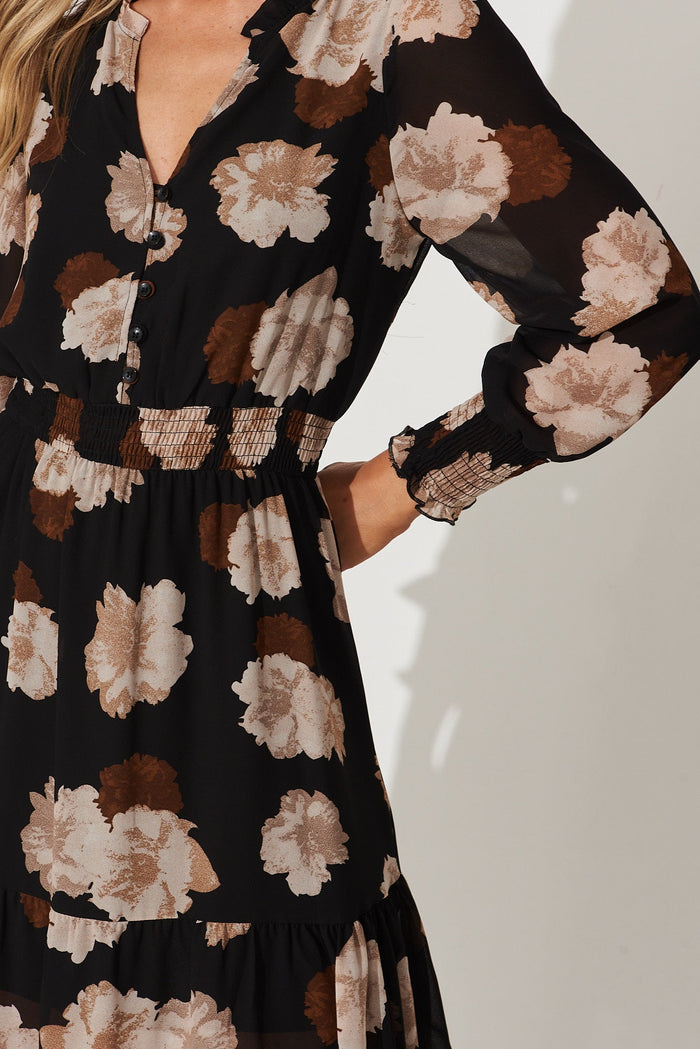 Hamilton Maxi Dress In Black With Brown Floral Chiffon - detail