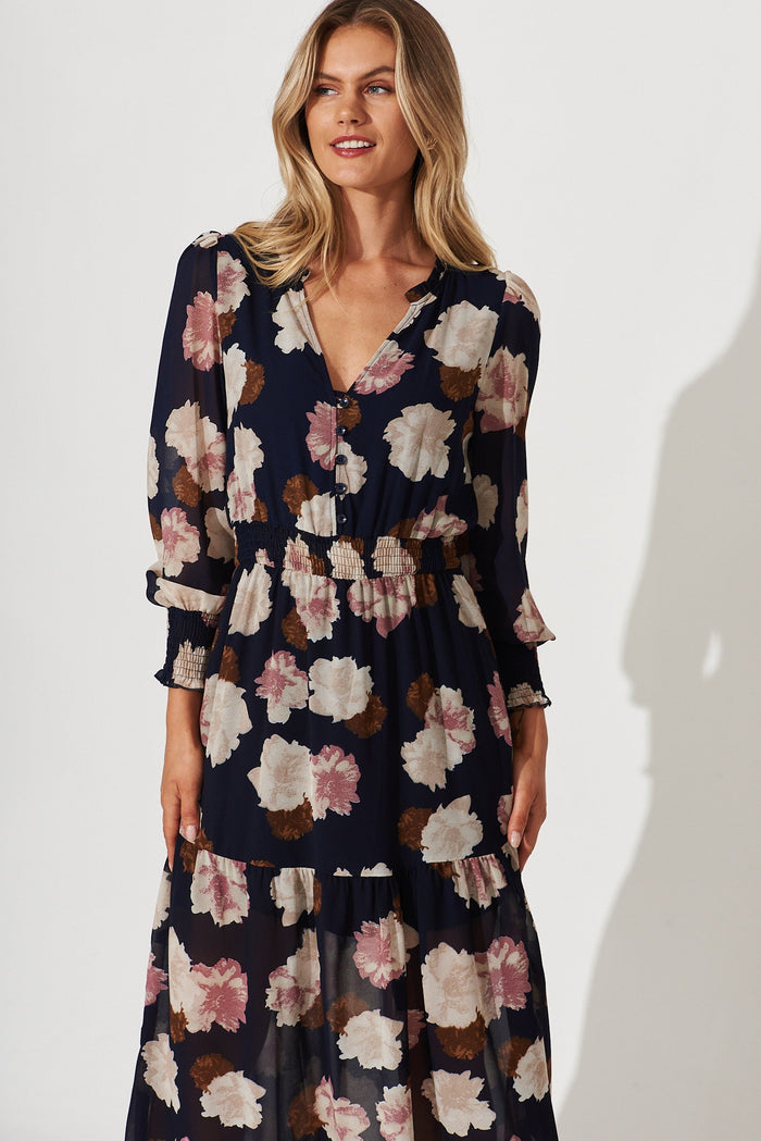 Hamilton Maxi Dress In Navy With Blush Floral Chiffon - front