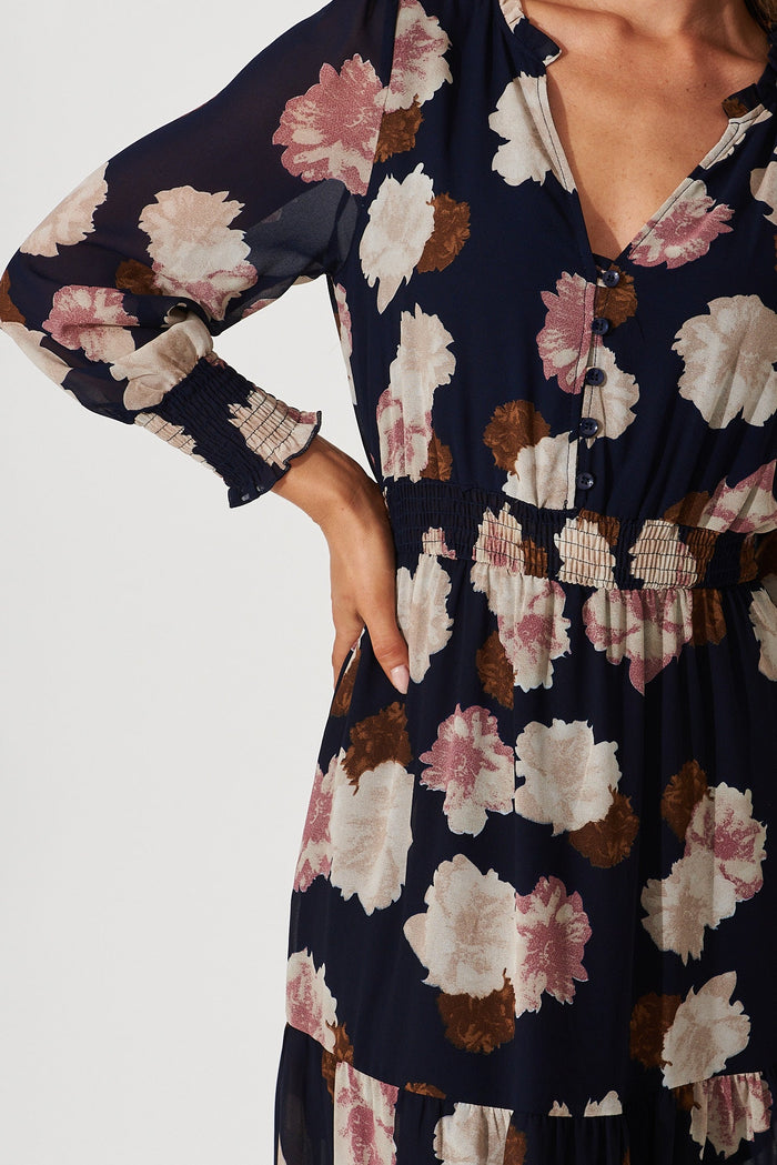 Hamilton Maxi Dress In Navy With Blush Floral Chiffon - detail