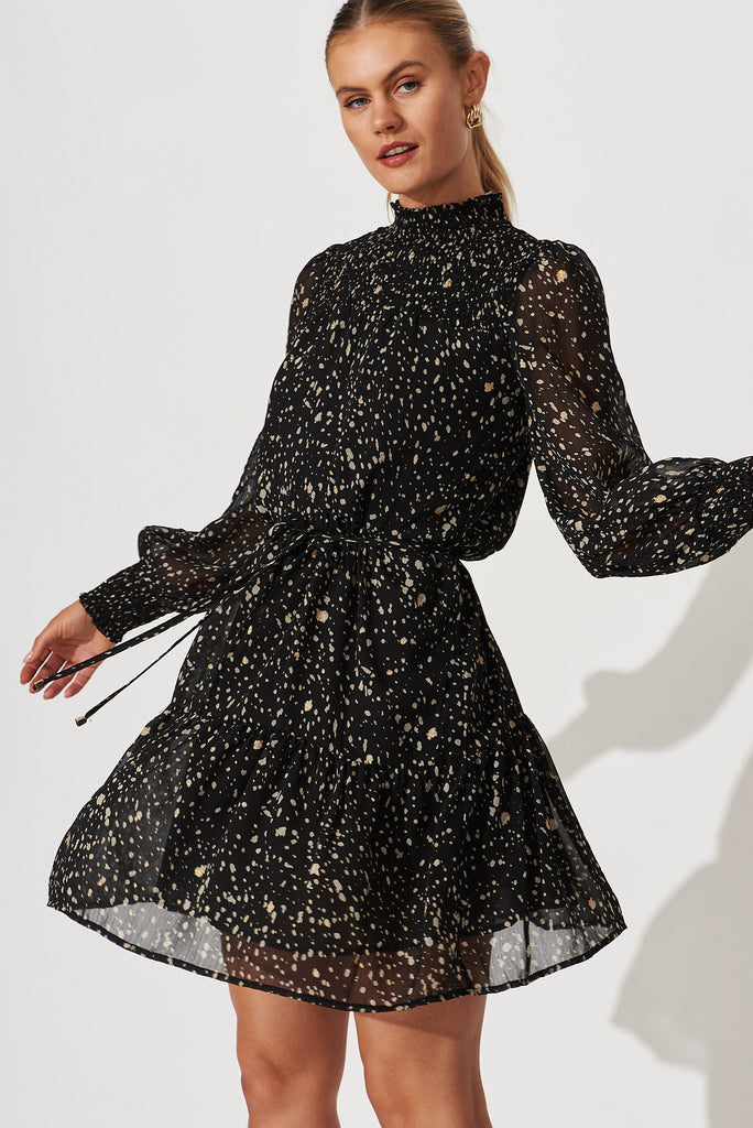 Sansa Dress In Black With Gold Speckle Chiffon - front