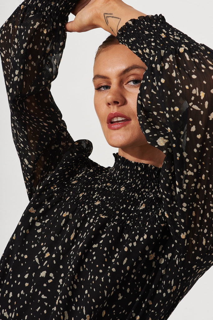 Sansa Dress In Black With Gold Speckle Chiffon - detail
