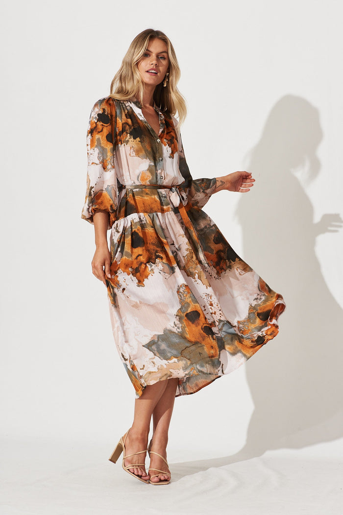 Pippa Maxi Dress In Grey With Rust Print Chiffon - full length