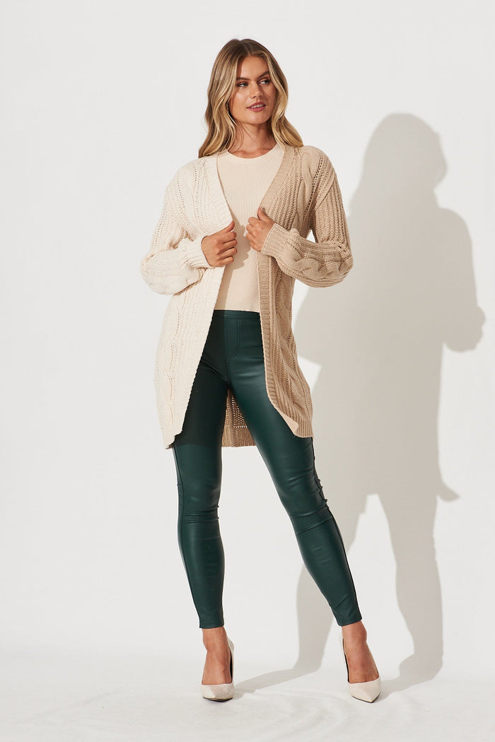 Eden Knit Cardigan In Beige With White Colour Block Cotton Blend - full length