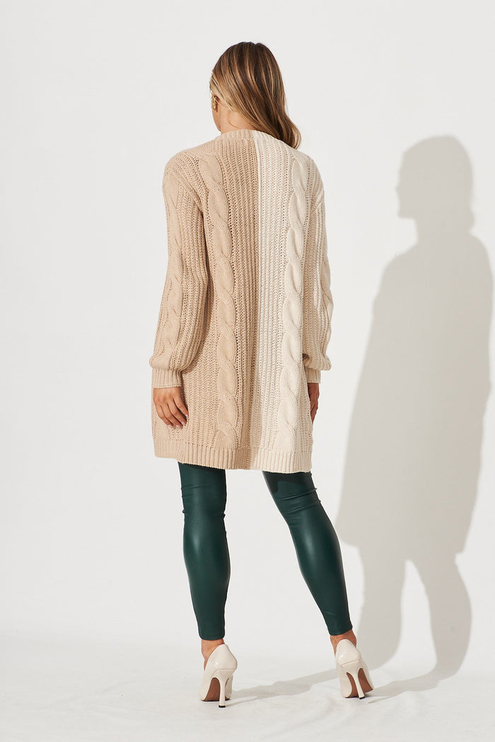 Eden Knit Cardigan In Beige With White Colour Block Cotton Blend - back