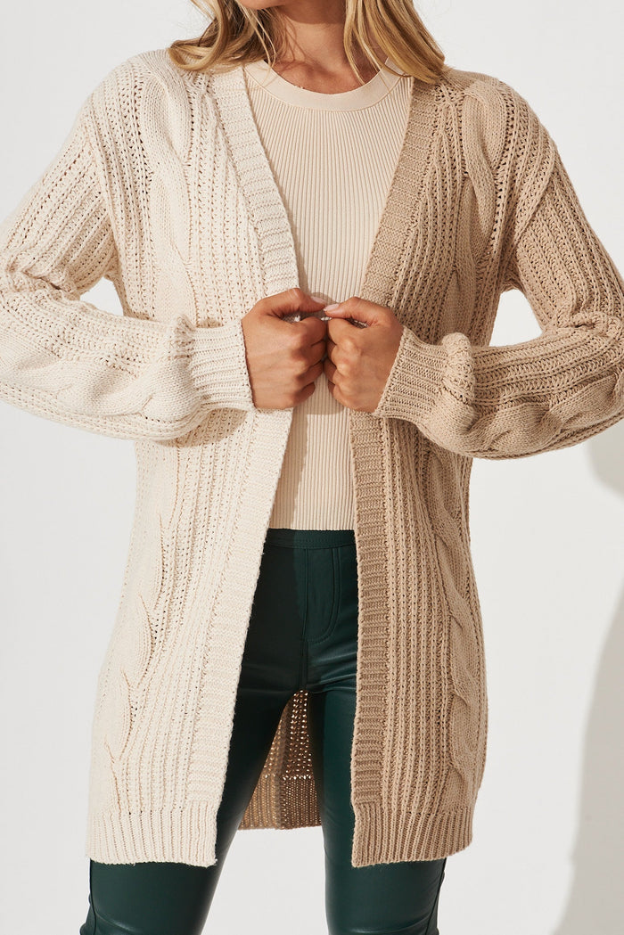 Eden Knit Cardigan In Beige With White Colour Block Cotton Blend - detail