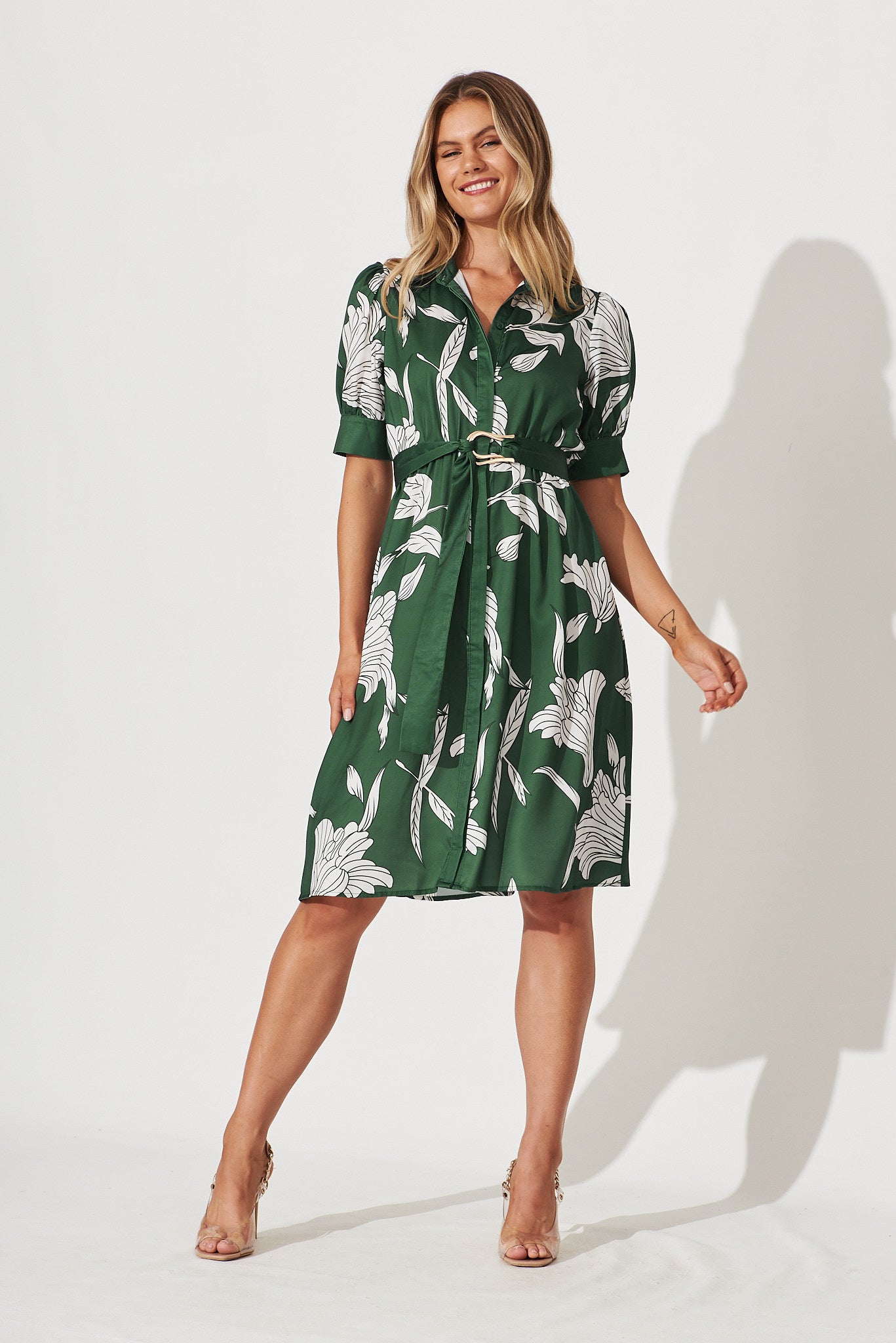 Kristel Shirt Dress In Green With White Leaf Print Satin - full length
