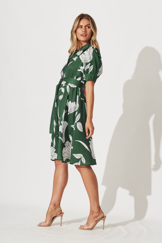 Kristel Shirt Dress In Green With White Leaf Print Satin - side