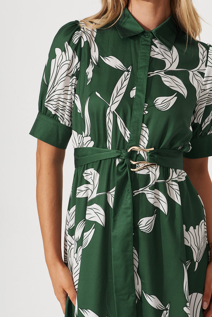 Kristel Shirt Dress In Green With White Leaf Print Satin - detail