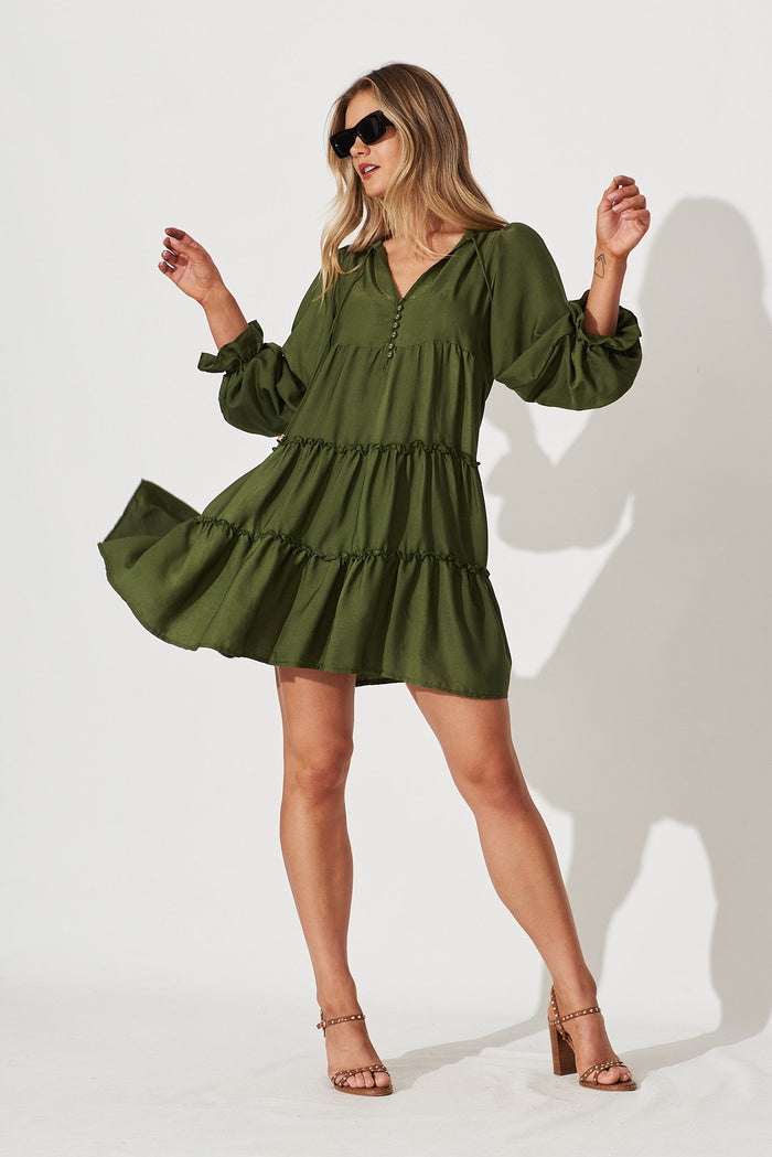 Gene Smock Dress In Khaki - full length