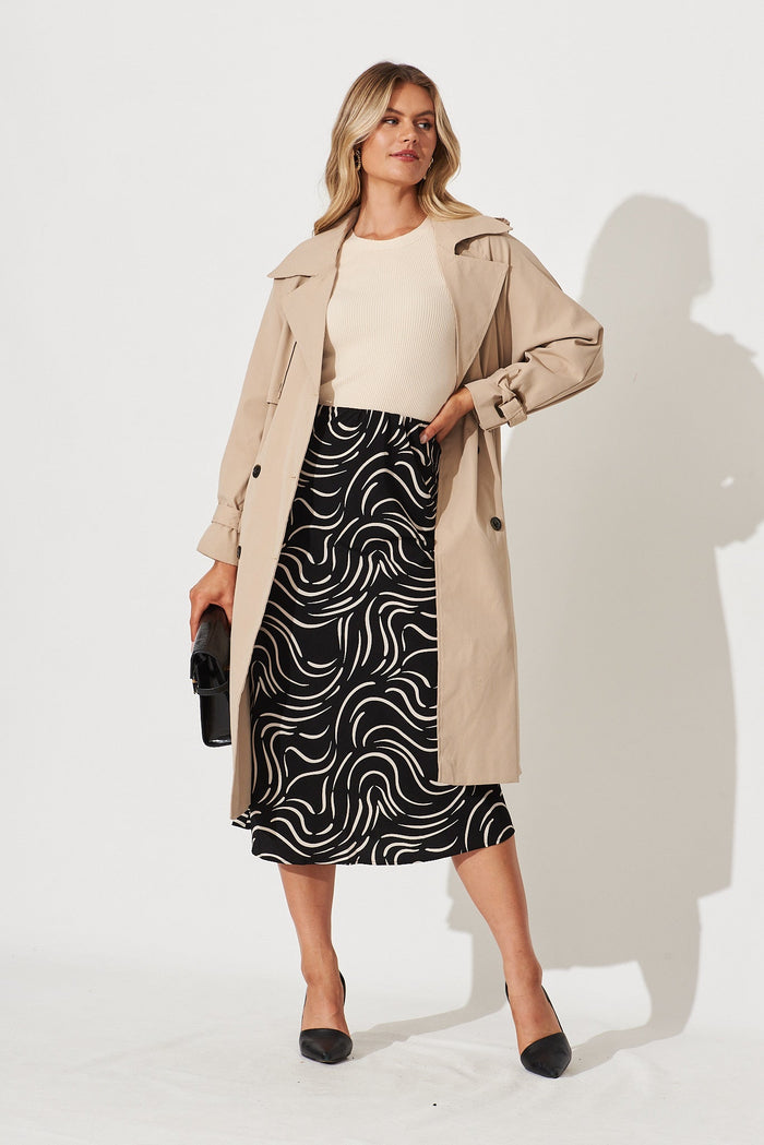Monica Midi Skirt In Black With Sand Swirl Print - full length