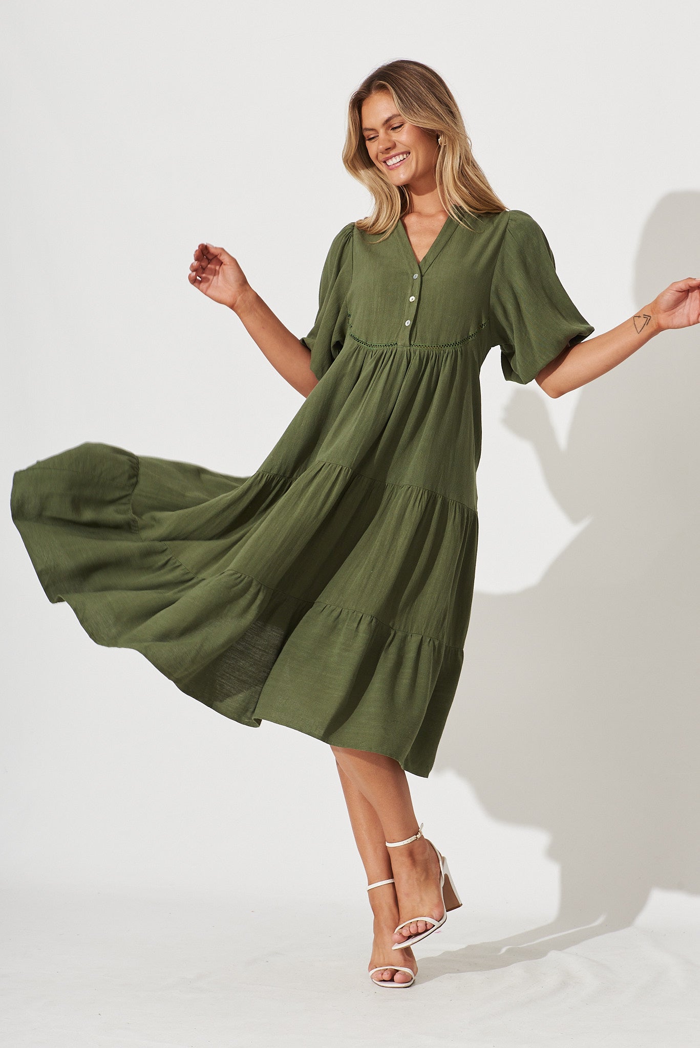 Nantes Midi Smock Dress In Khaki Linen Blend - full length