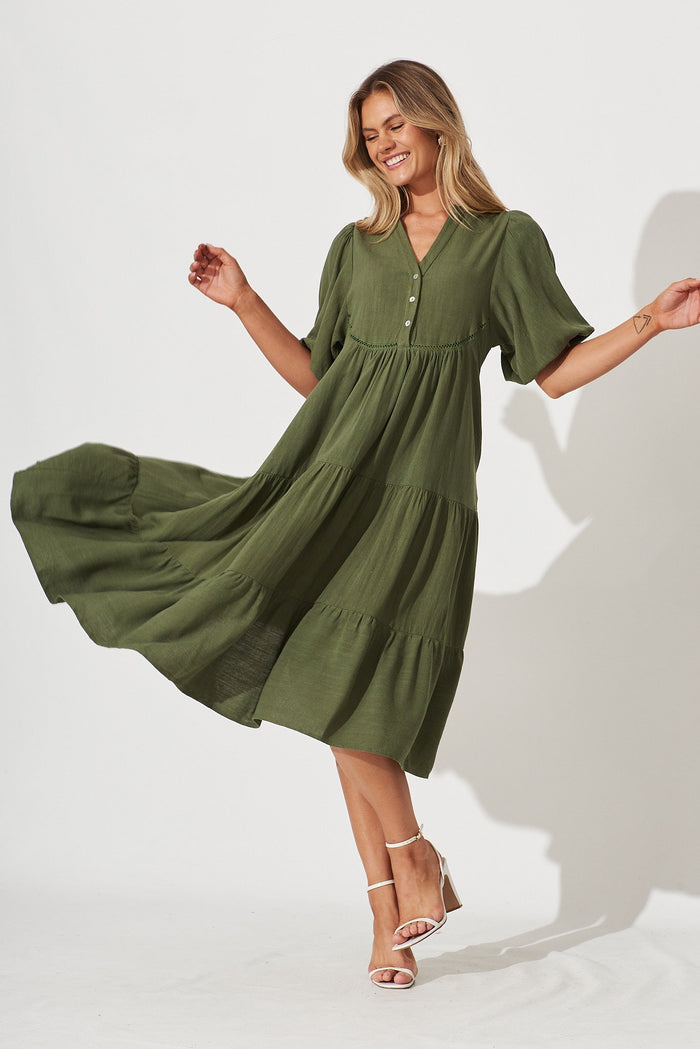 Nantes Midi Smock Dress In Khaki Linen Blend - full length