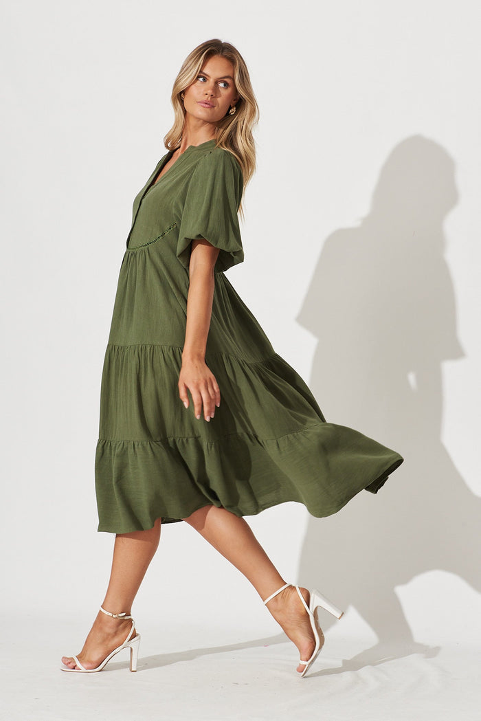 Nantes Midi Smock Dress In Khaki Linen Blend - side