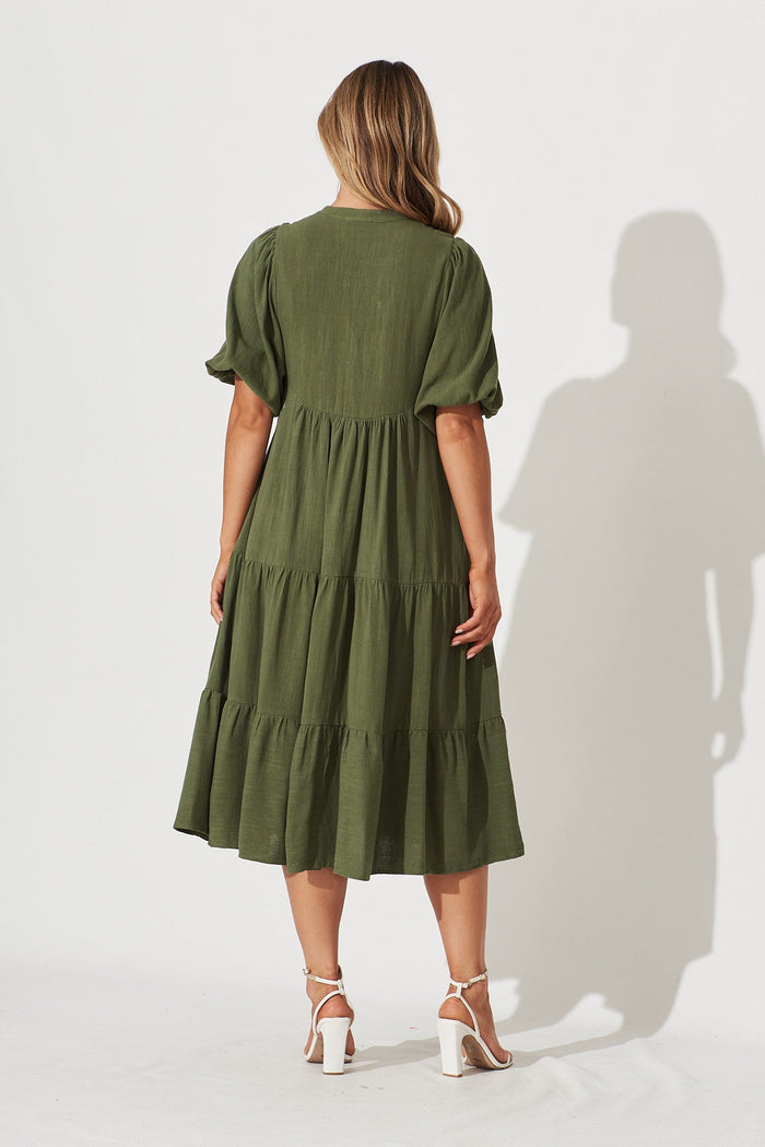 Nantes Midi Smock Dress In Khaki Linen Blend - back