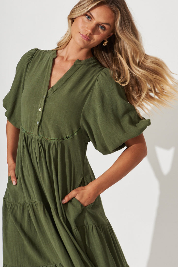 Nantes Midi Smock Dress In Khaki Linen Blend - front