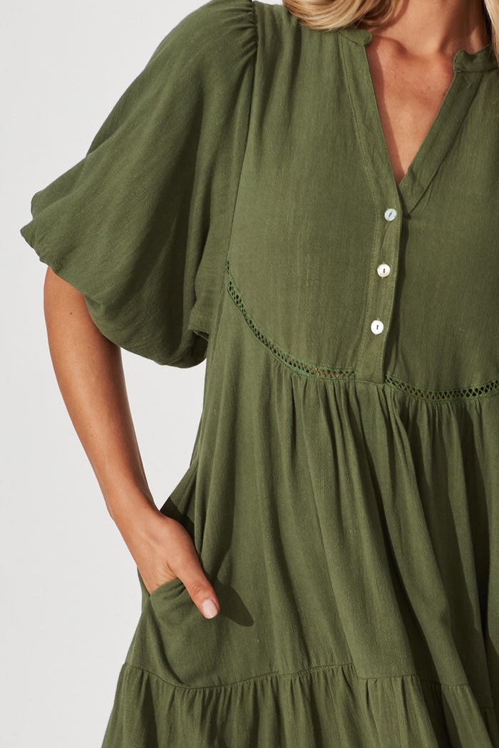 Nantes Midi Smock Dress In Khaki Linen Blend - detail