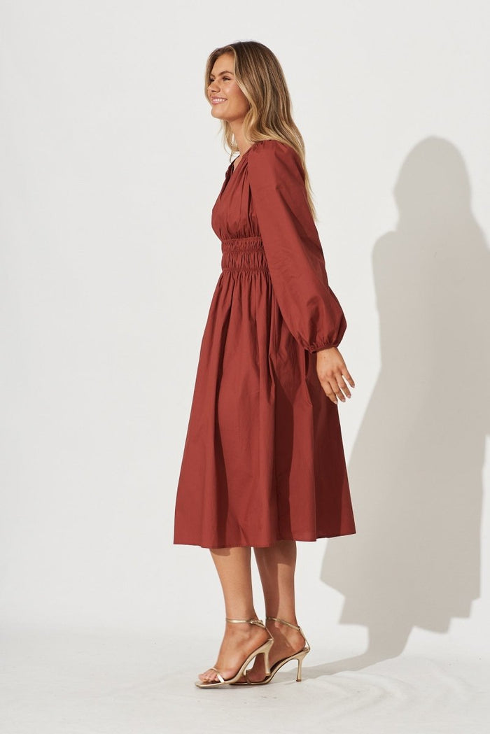 Cammeray Midi Dress In Rust Cotton - St Frock (Dev)