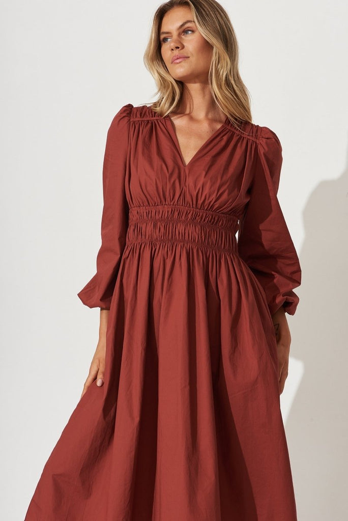 Cammeray Midi Dress In Rust Cotton - St Frock (Dev)
